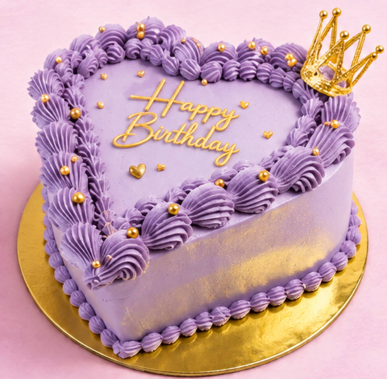 Torta de corazón lila con decoración dorada, de Boa Cakes