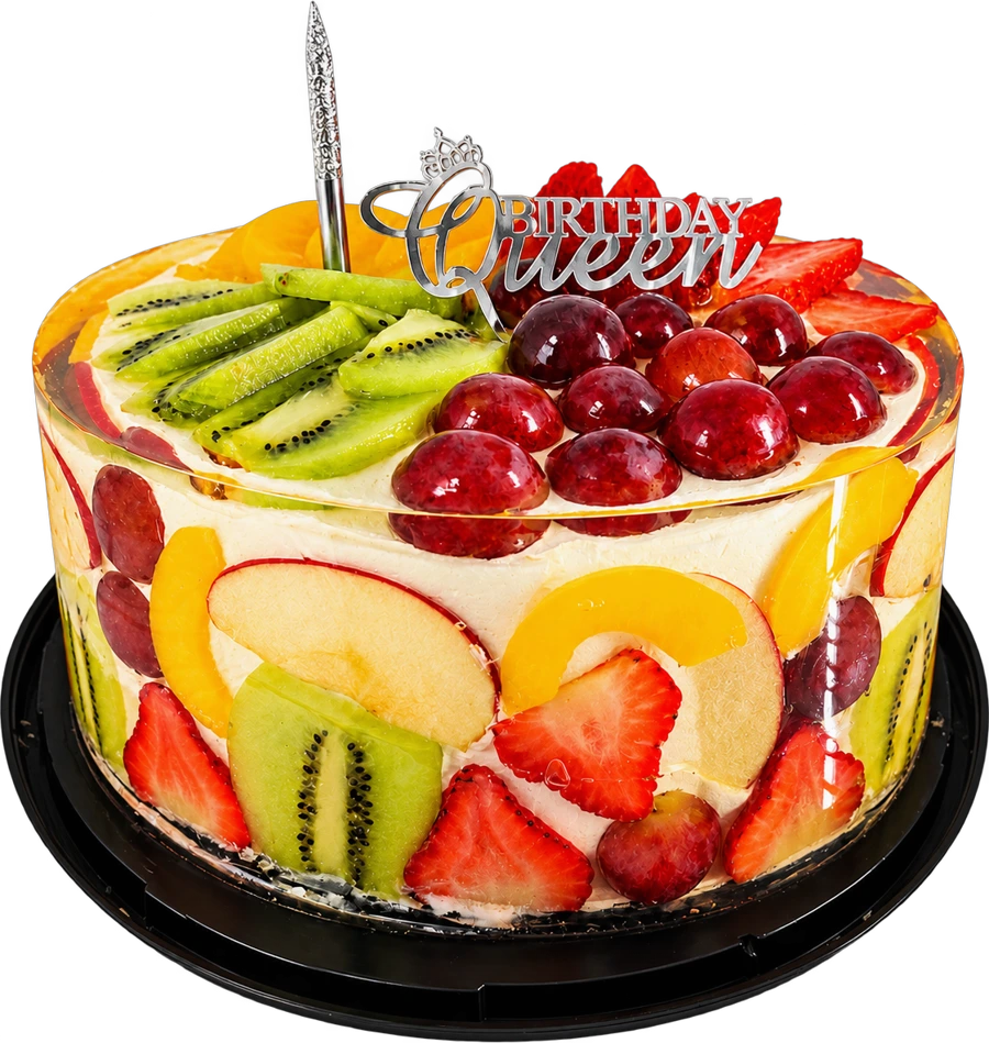 Torta encapsulada con frutas, kiwi, frutillas y cerezas